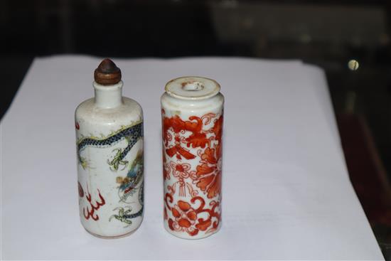 Two 19th century Chinese porcelain cylindrical snuff bottles tallest 8cm